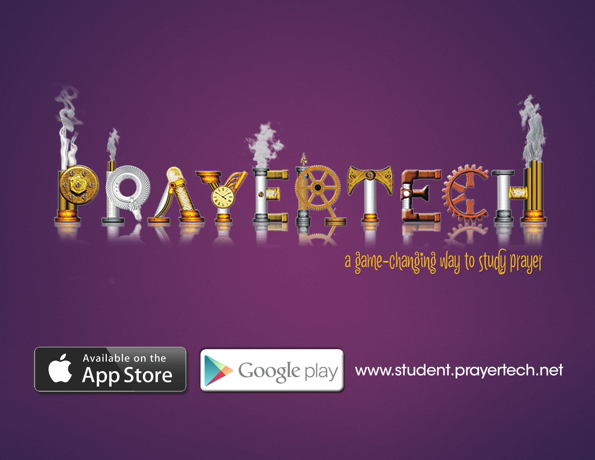 PrayerTech app logo with download links for App Store and Google Play.
