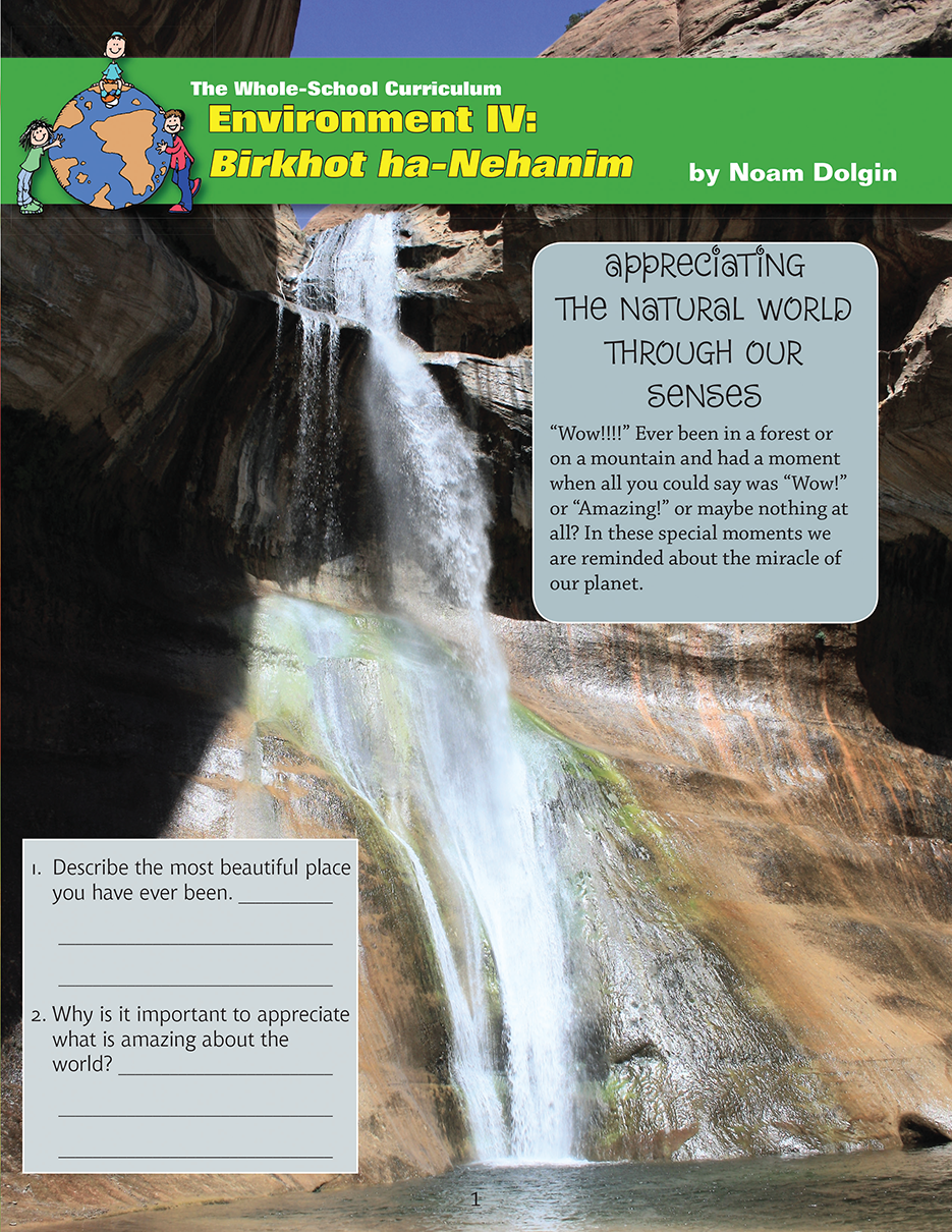 Whole School Environment lesson poster for Birkhot ha-Nehanim, featuring a scenic waterfall and educational prompts.