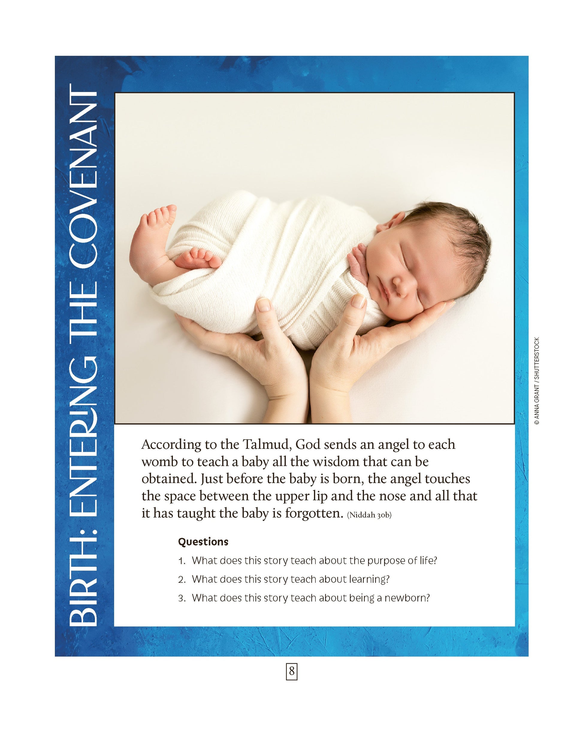 Jewish Life textbook page on birth and entering the covenant, featuring a baby wrapped in a blanket with educational questions.