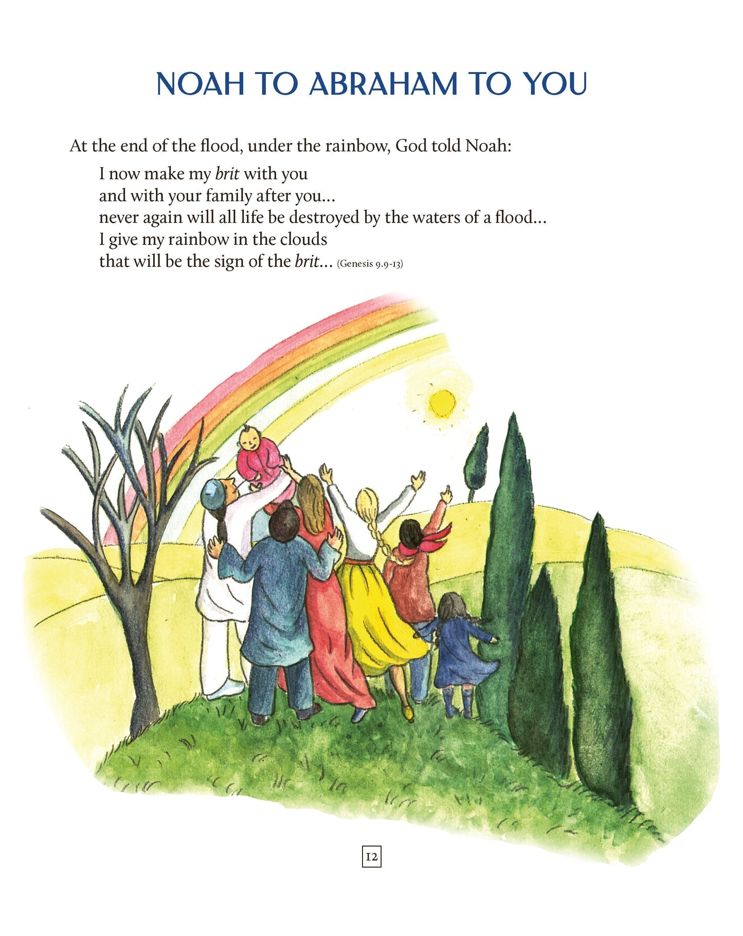 Illustration from "Circle of Jewish Life Second Edition" showing Noah and family under a rainbow, representing God's covenant.