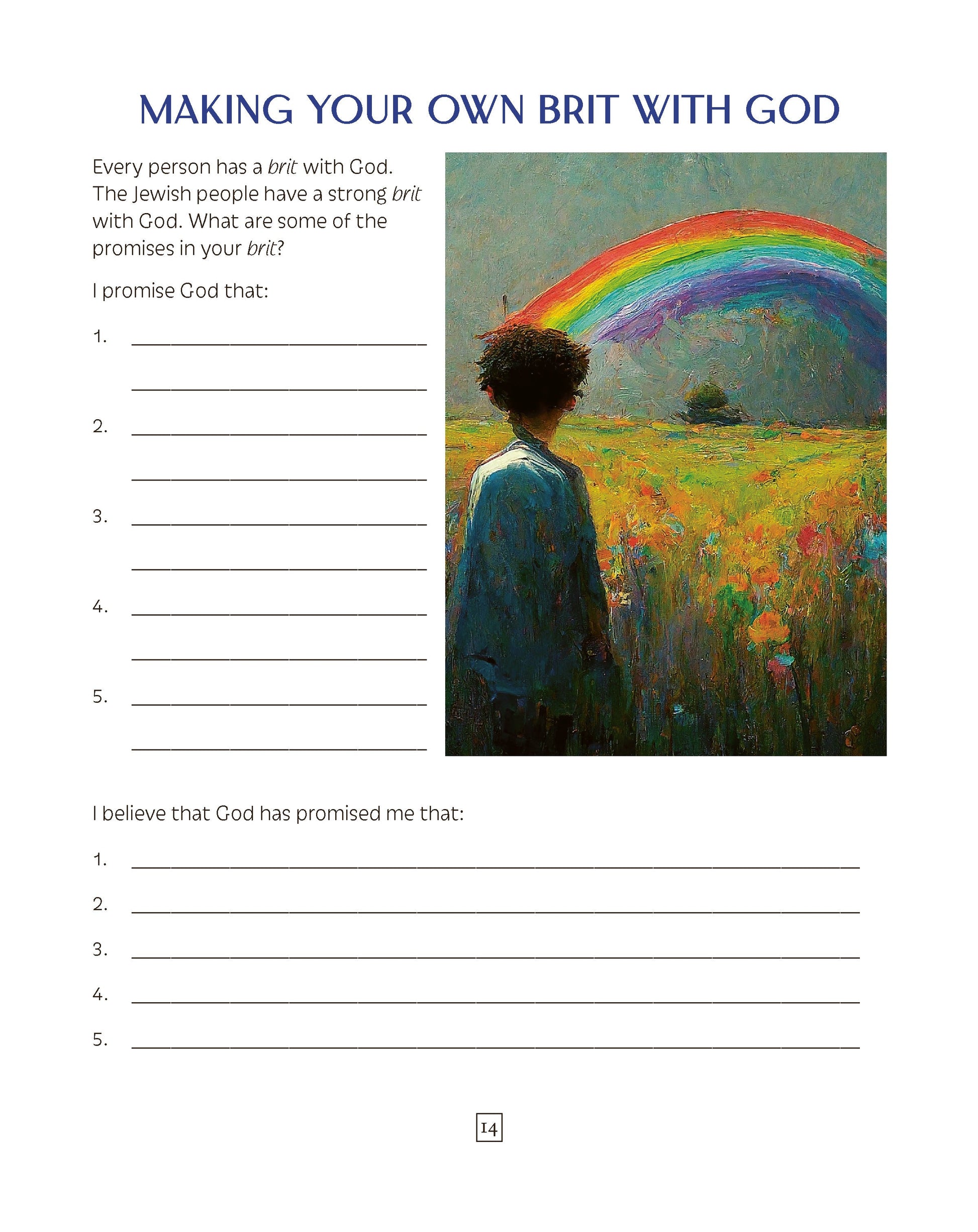 Jewish Life textbook activity page featuring a rainbow and contemplative figure.