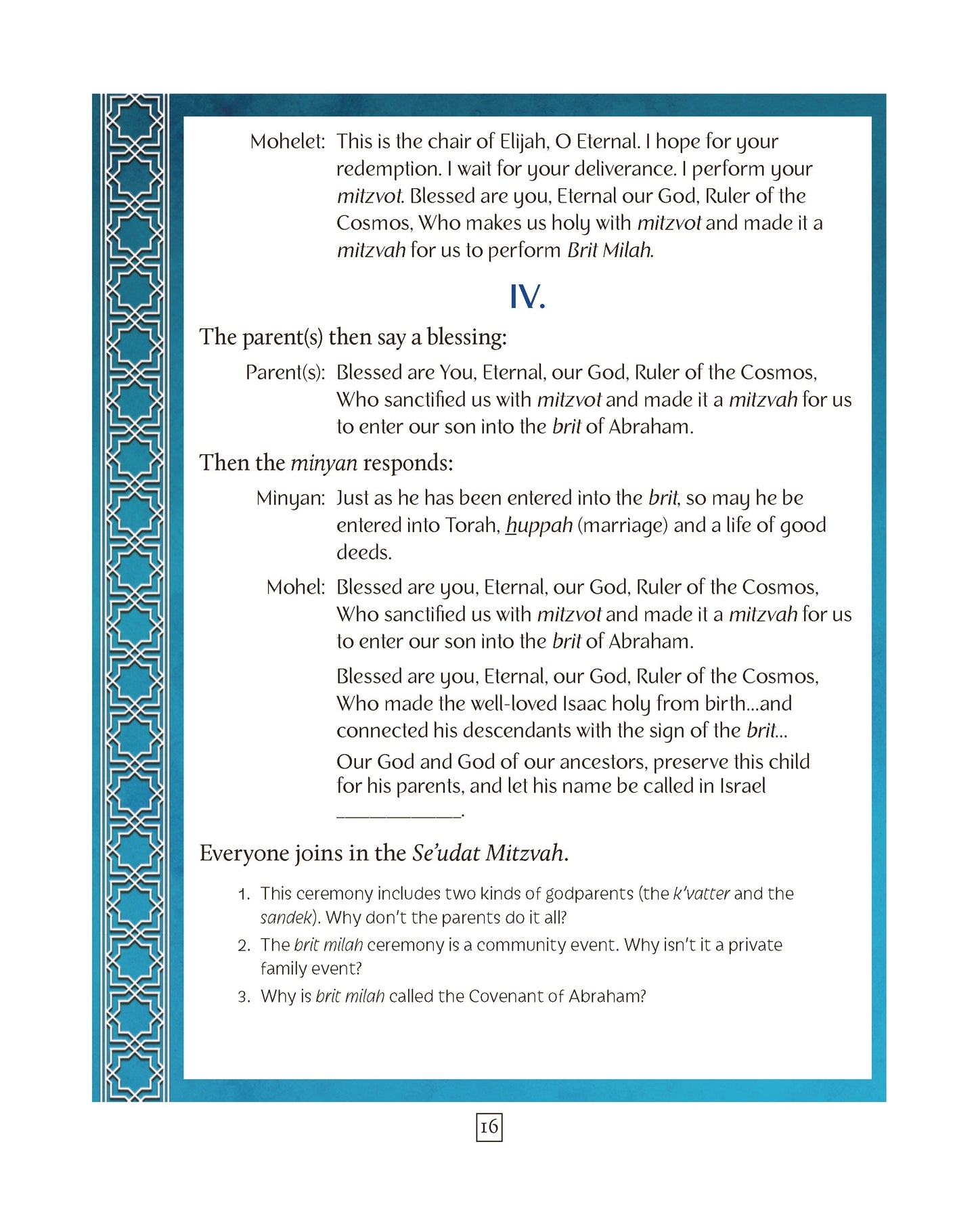 Textbook page from "Circle of Jewish Life Second Edition" showing script for a Jewish lifecycle ceremony ritual.