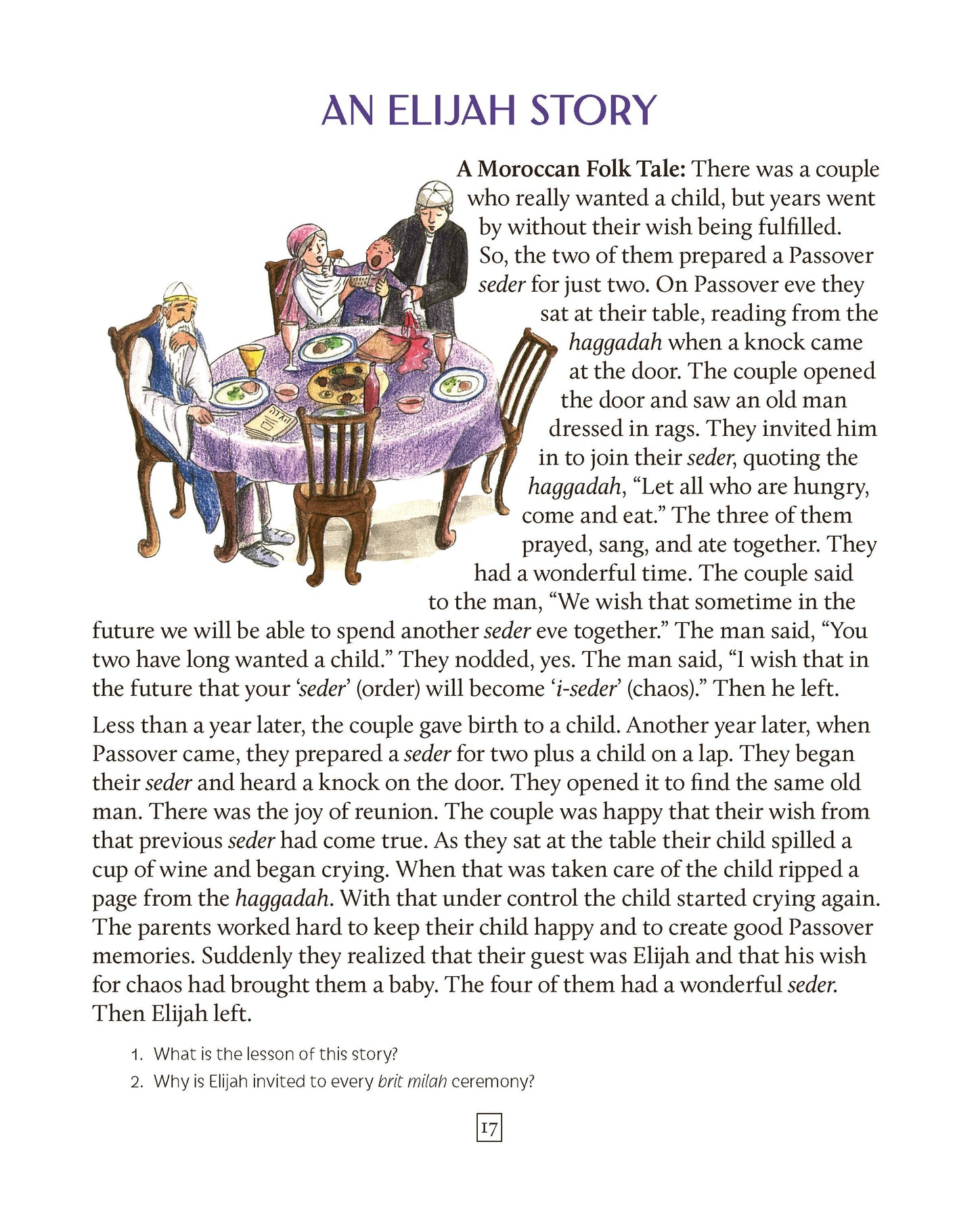 Textbook page from "The Circle of Jewish Life, Second Edition," featuring a story about Elijah and Passover.