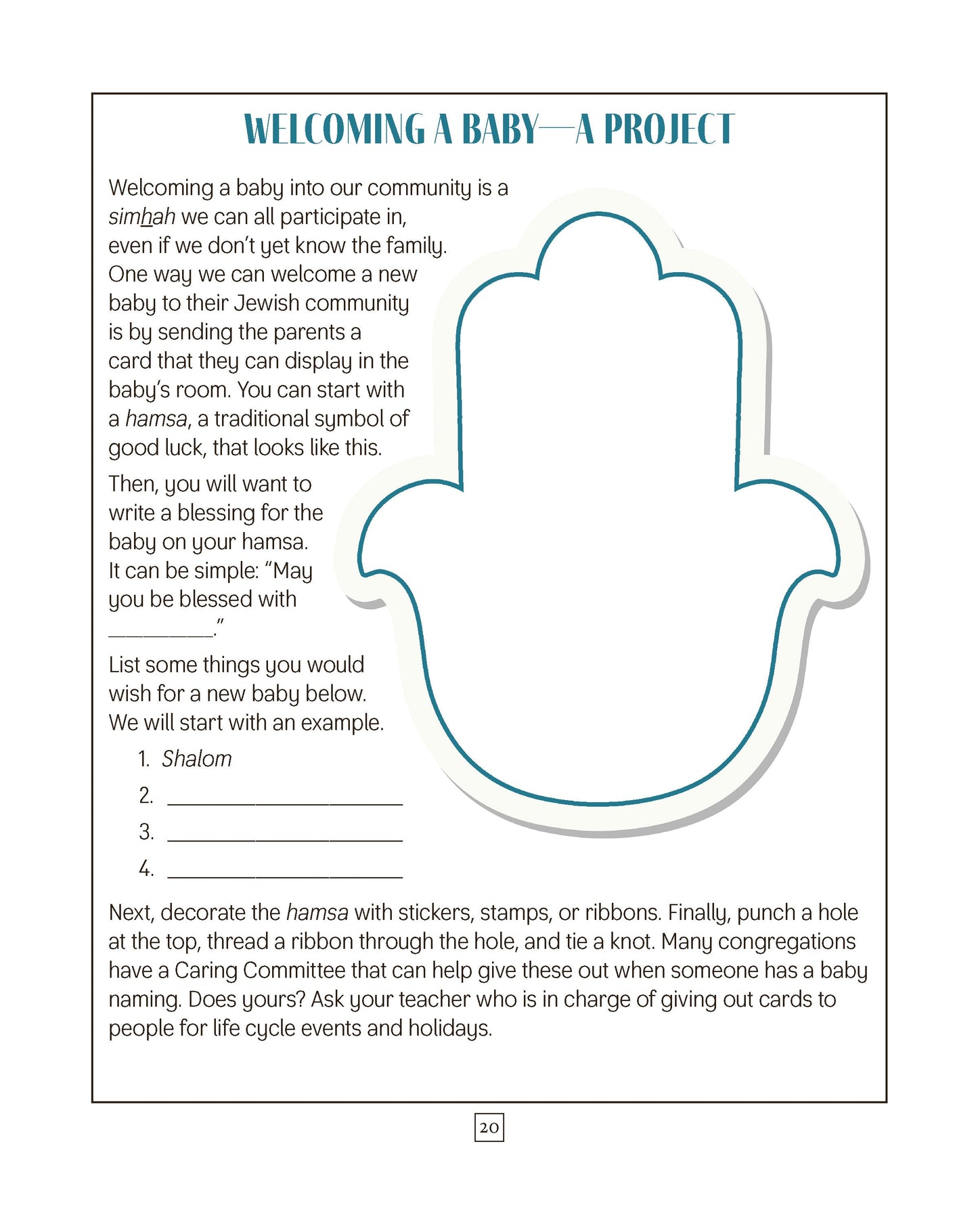 "Welcoming a Baby" project page from "Circle of Jewish Life" second edition textbook, featuring activity details and a hamsa symbol.