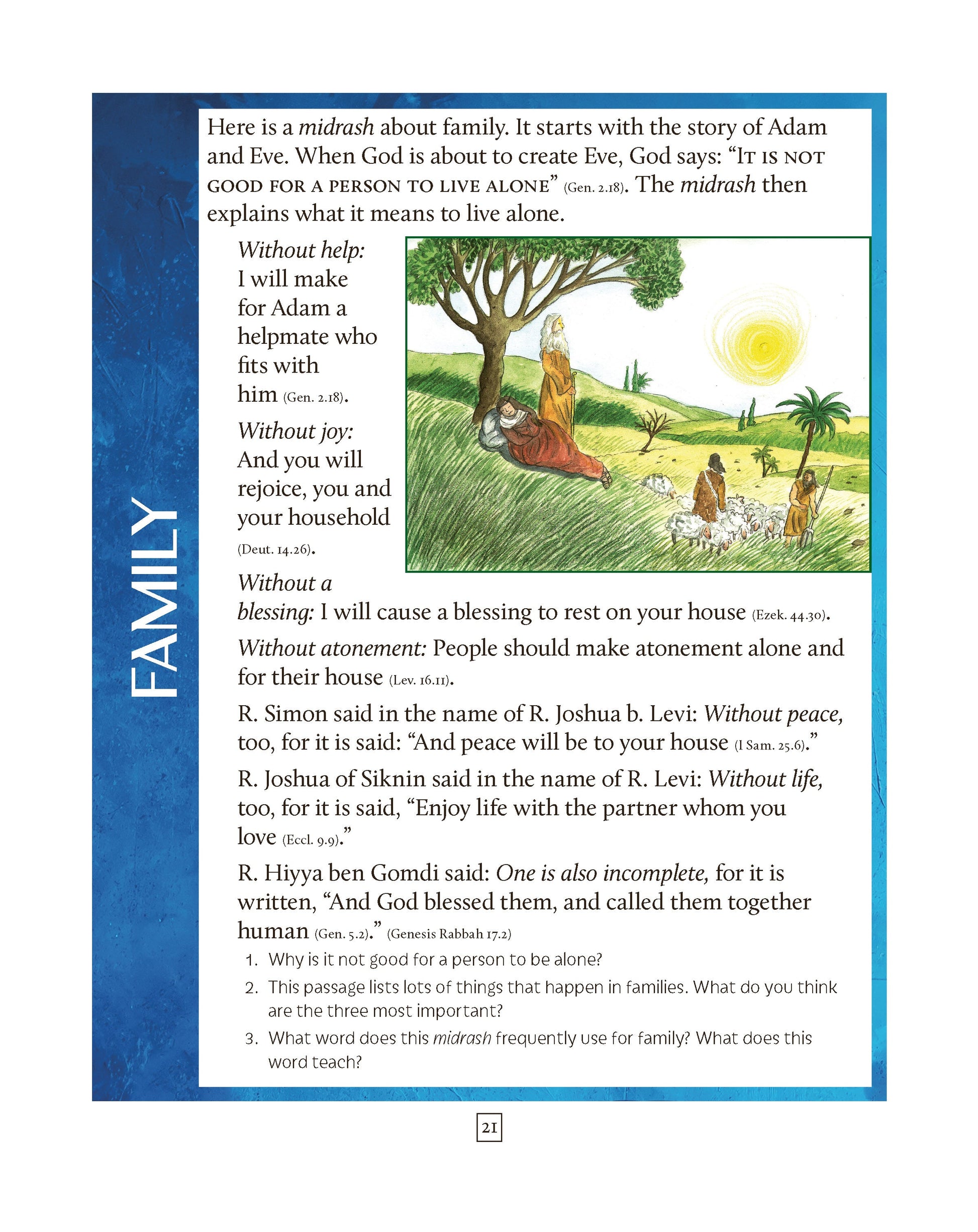 Jewish life textbook page on family, featuring midrash on Adam and Eve, with color illustration.