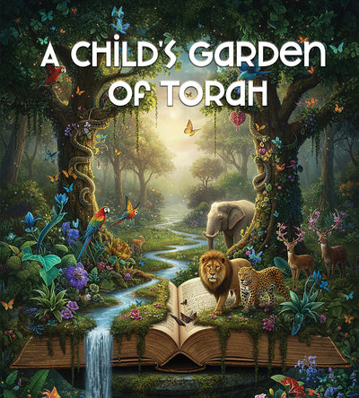 Illustration of a child's garden with animals and an open book, titled 'A Child's Garden of Torah'.