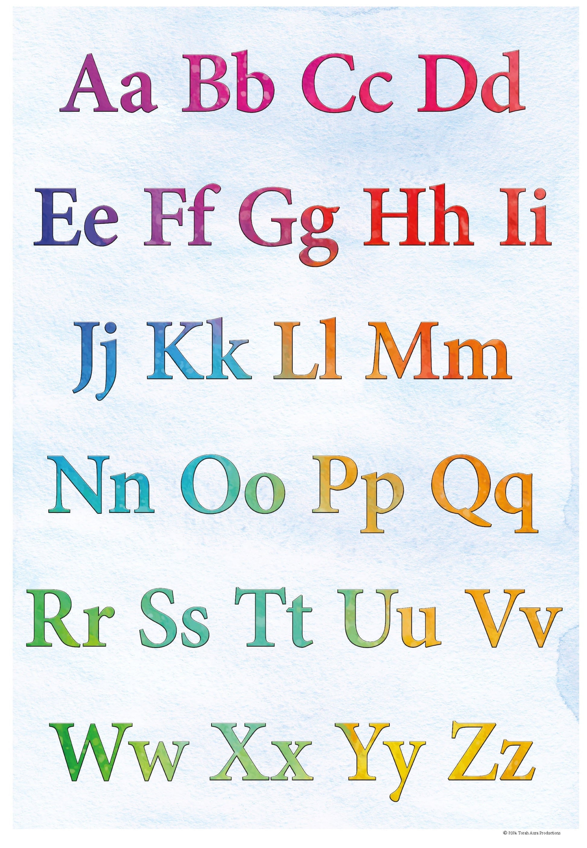 Alphabet Wall Posters with colorful letters Aa to Zz on a 20x30 inch durable, satin-finish display.