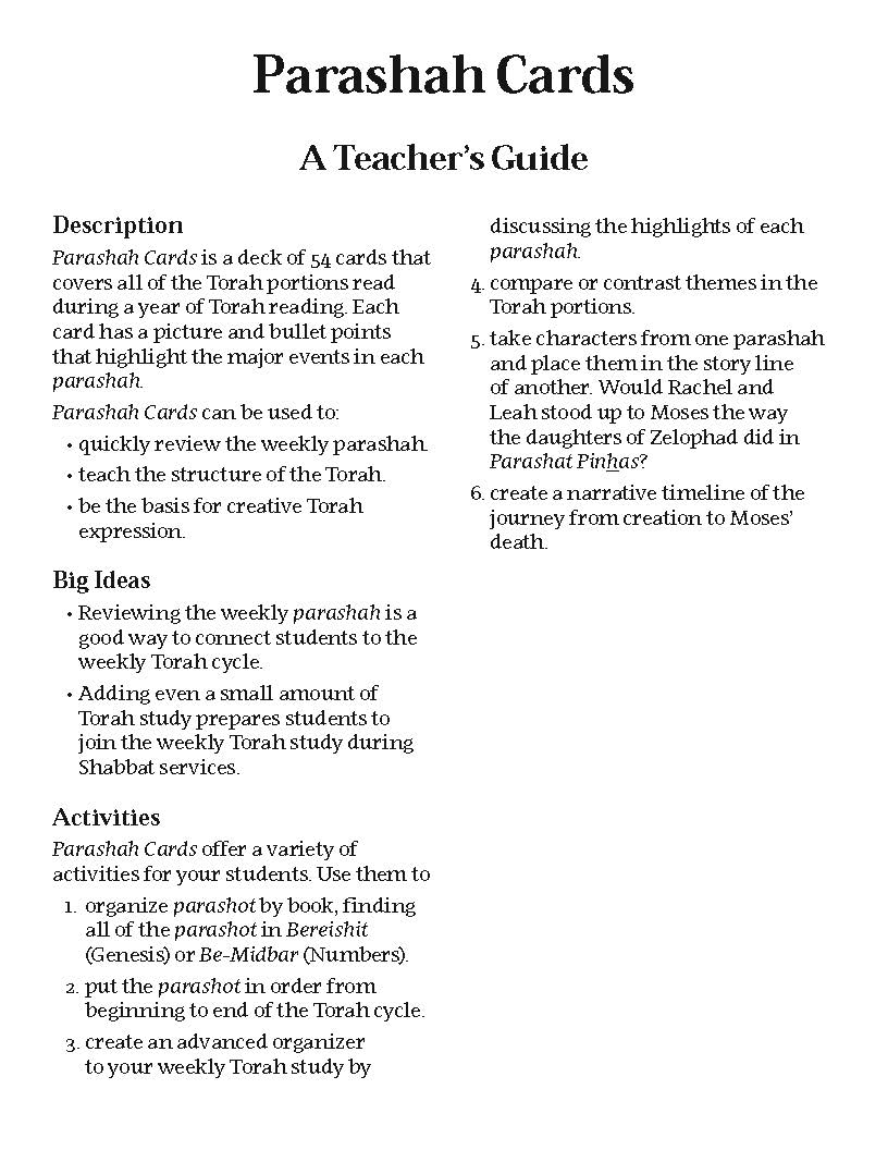 Parashah Cards deck includes 54 cards covering all Torah portions for yearly study, featuring images and key events for learning and teaching activities.