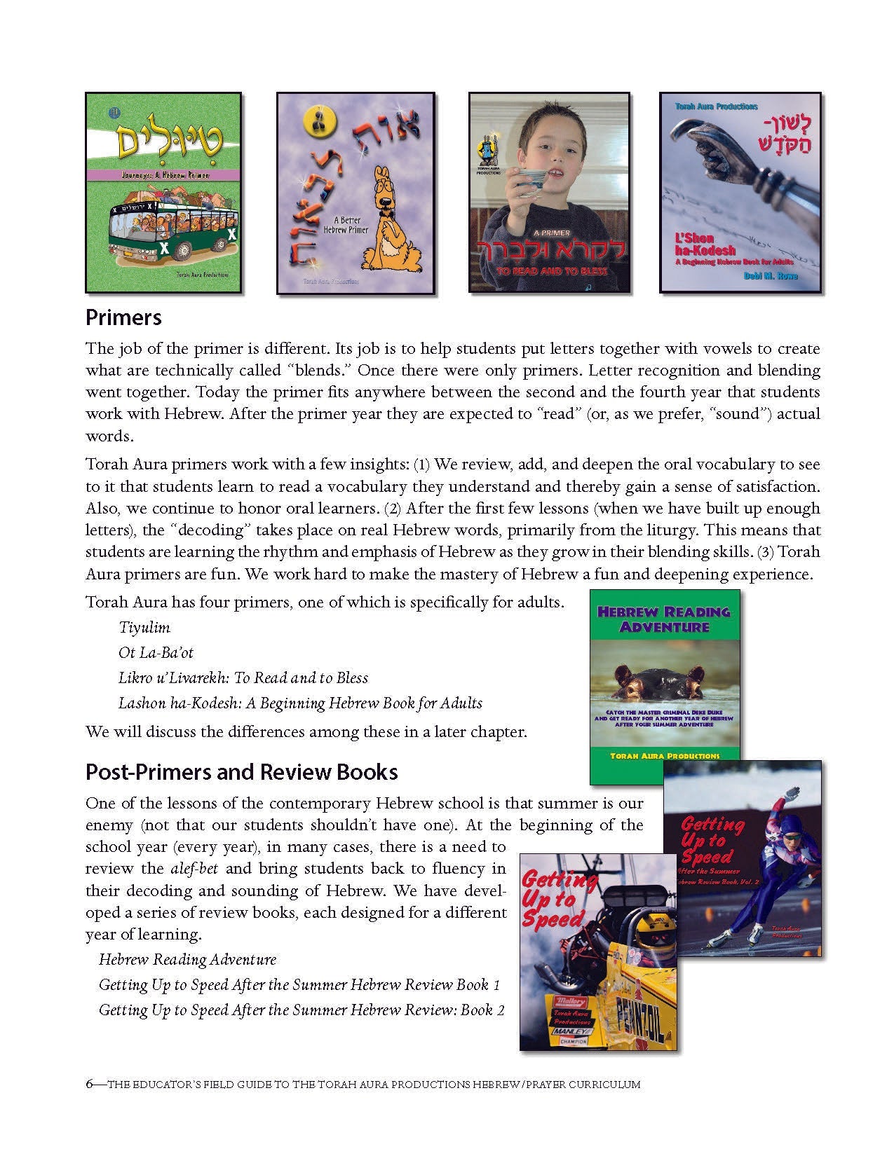 Educational materials on Hebrew prayer from Torah Aura, featuring primers and guides for educators.